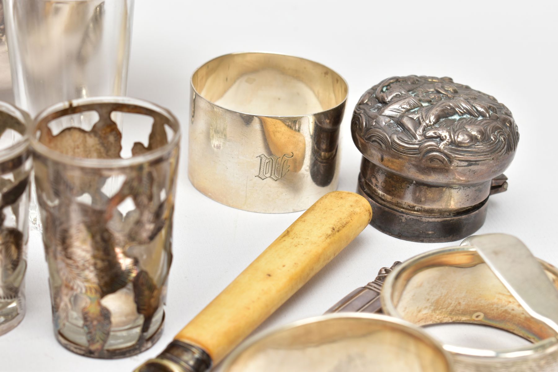 A BOX OF SILVER AND OTHER METALWARE, to include three hallmarked napkin rings, a silver cap for a - Image 11 of 11