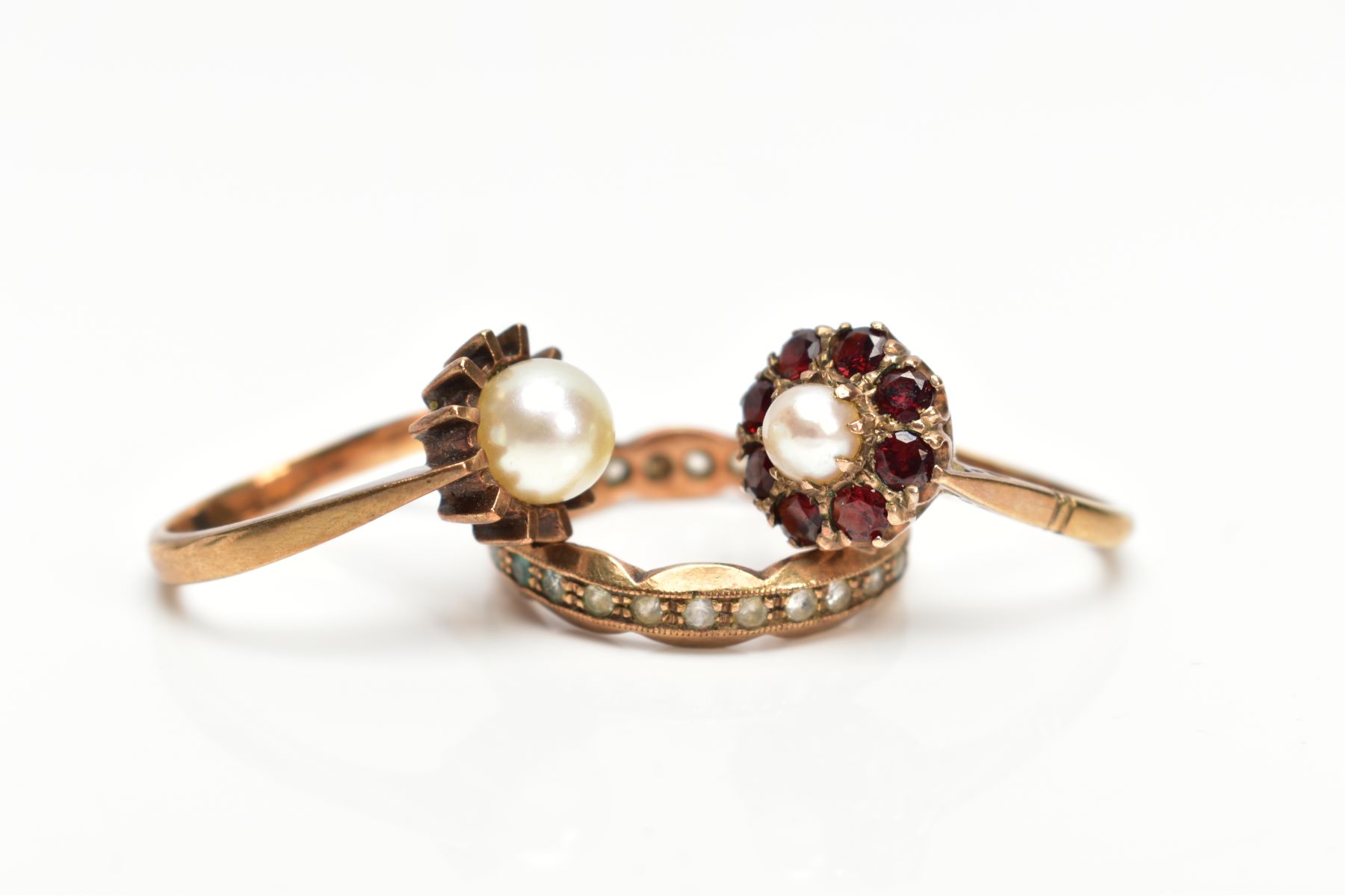 THREE DRESS RINGS, to include a hallmarked 9ct gold cultured pearl and garnet cluster ring, ring - Image 2 of 3