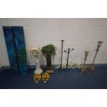 A COLLECTION OF DECORATIVE HOUSEHOLD ITEMS to include four wrought iron candle stick holders,
