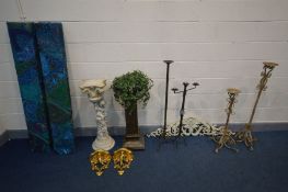 A COLLECTION OF DECORATIVE HOUSEHOLD ITEMS to include four wrought iron candle stick holders,