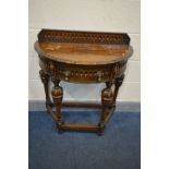 AN EARLY TO MID 20TH CENTURY OAK DEMI LUNE HALL TABLE, raised back, single frieze drawer, tear