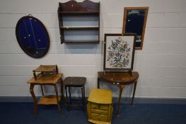 A QUANTITY OF OCCASIONAL FURNITURE, to include a demi lune hall table, stained pine wall shelves,