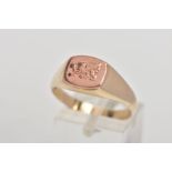 A 9CT GOLD BI-COLOUR CLOGAU SIGNET RING, the 'Welsh Dragon' design in rose gold to the central panel