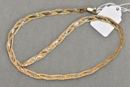 A MODERN 9CT GOLD YELLOW AND WHITE GOLD FLAT LINK PLAITED NECKLACE, textured and diamond cut finish,