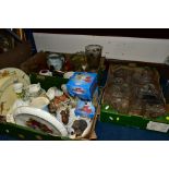 THREE BOXES AND LOOSE GLASS AND CERAMICS, ETC, to include a quantity of glass salts, four demi