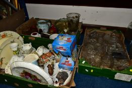 THREE BOXES AND LOOSE GLASS AND CERAMICS, ETC, to include a quantity of glass salts, four demi