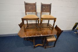 AN EARLY TO MID 20TH CENTURY OAK GATE LEG TABLE, with pie crust edging, on barley twist supports,