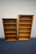 TWO SIZED PINE OPEN BOOKCASES, largest width 96cm x depth 26cm x height 184cm