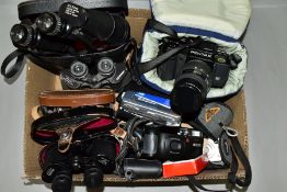 CAMERAS AND BINOCULARS, ETC, to include a Pentax SFX SLR film camera fitted with Pentax 35-135mm