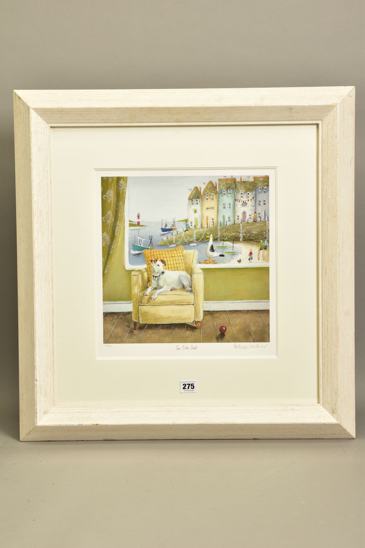 REBECCA LARDNER (BRITISH 1971) 'SEASIDE SEAT' a limited edition print of a dog on a chair 58/195,
