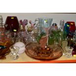 A GROUP OF ASSORTED COLOURED AND CLEAR GLASSWARE, including a 1930's Josef Inwald pink Czech glass