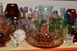 A GROUP OF ASSORTED COLOURED AND CLEAR GLASSWARE, including a 1930's Josef Inwald pink Czech glass