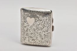 A 1920'S STERLING SILVER CIGARETTE CASE, foliate engraving to both sides with a vacant heart panel