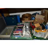 THREE BOXES AND LOOSE CERAMICS, HOUSEHOLD SUNDRIES, ETC, including an attache case, folding sloped