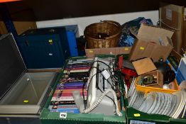 THREE BOXES AND LOOSE CERAMICS, HOUSEHOLD SUNDRIES, ETC, including an attache case, folding sloped