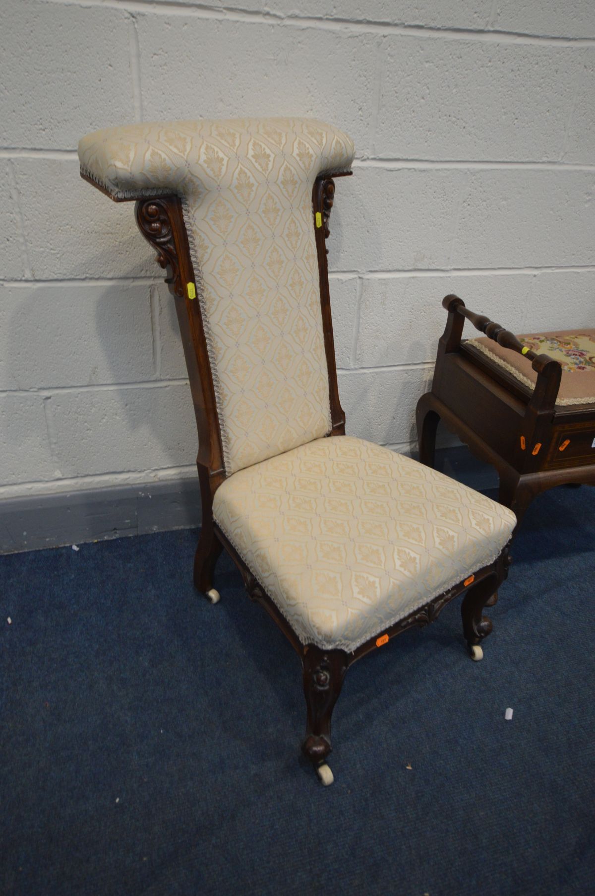 A VICTORIAN MAHOGANY PRAYER CHAIR with cream upholstery together with an Edwardian mahogany and - Image 3 of 3