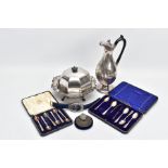 A BOX OF SILVER AND PLATED ITEMS, to include a complete cased set of six Mappin and Webb coffee