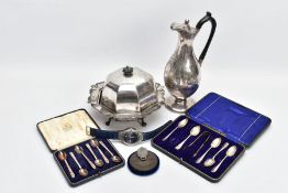 A BOX OF SILVER AND PLATED ITEMS, to include a complete cased set of six Mappin and Webb coffee