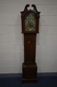 A MAHOGANY LONGCASE CLOCK, the hood with a swan neck pediment above a glazed arch door enclosing a