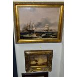 A CIRCA 1980'S OIL ON BOARD OF A GALLEON NEAR THE COAST, signed Ritz lower left, ornate gilt