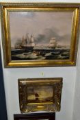 A CIRCA 1980'S OIL ON BOARD OF A GALLEON NEAR THE COAST, signed Ritz lower left, ornate gilt