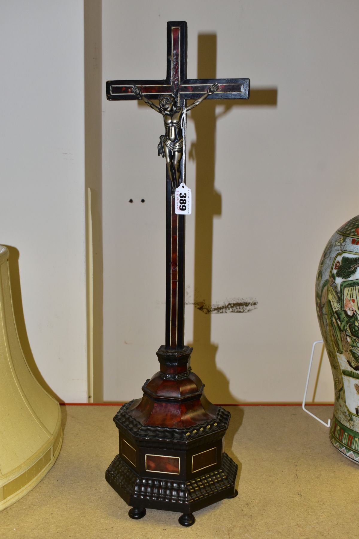 A 17TH CENTURY TORTOISESHELL VENEERED CRUCIFIX, dated 1691 and 'ROME LEO' verso, standing on a