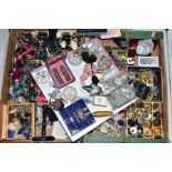 TWO BOXES OF MAINLY COSTUME JEWELLERY, to include various butterfly brooches, a micro mosaic brooch,