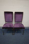 A SET OF SIX WROUGHT IRON AND PURPLE UPHOLSTERED DINING CHAIRS (picture of two chairs, rest in