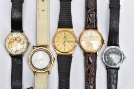 FIVE WRISTWATCHES, to include a gold plated Tissot Seastar quartz wristwatch, champagne dial, day-