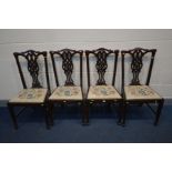 A SET OF FOUR MAHOGANY CHIPPENDALE STYLE DINING CHAIR, with needlework drop in seat pads