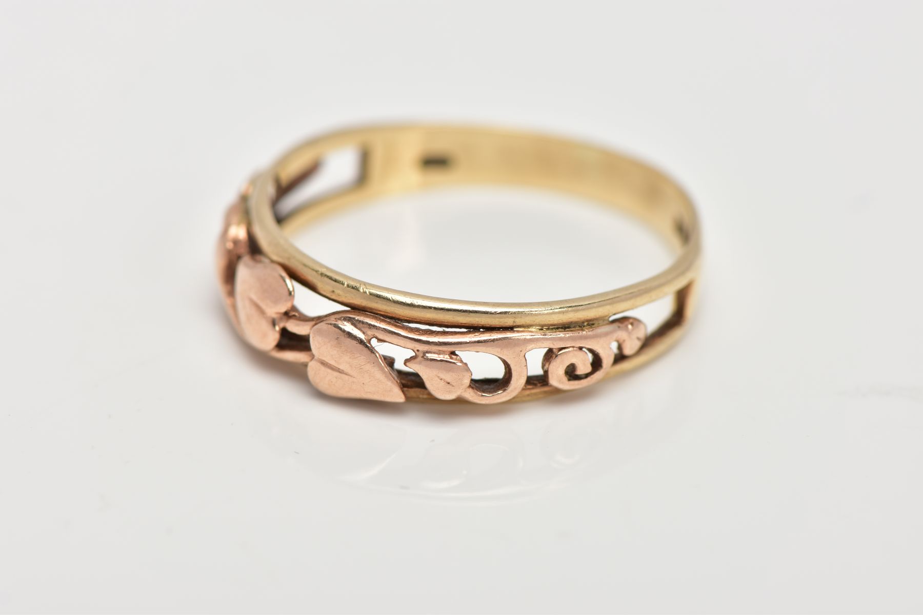 A 9CT GOLD CLOGAU RING, the tapered band with openwork 'Tree of Life,' design to the front half - Image 3 of 3