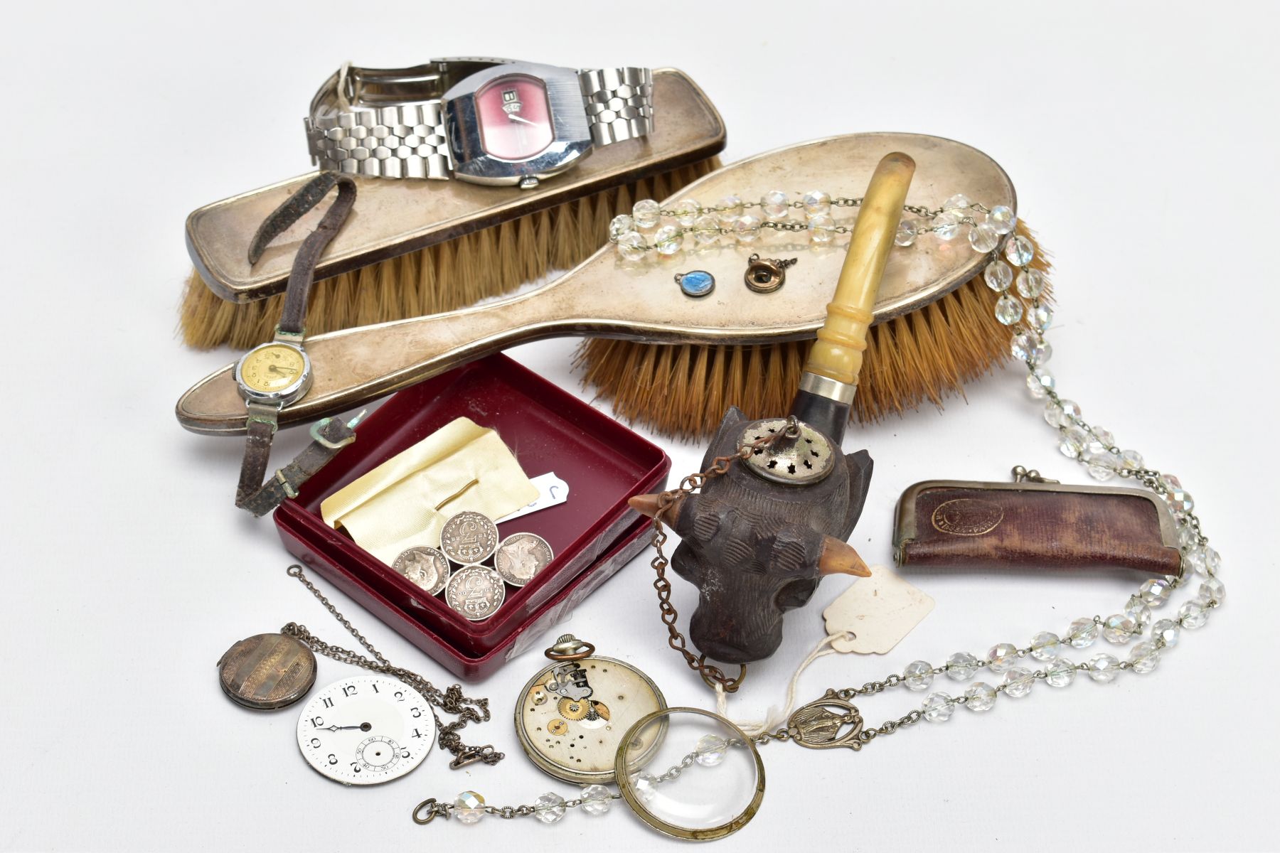 A BOX OF SILVER AND OTHER ITEMS, to include 2 silver handled brushes, of plain design, weighted