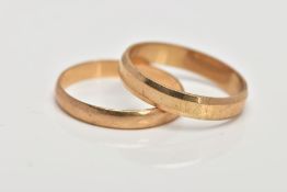 TWO 9CT GOLD WEDDING BANDS, each of a plain polished design, both with 9ct gold hallmarks for London