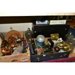 TWO BOXES AND LOOSE TREEN, COLLECTABLES, HOUSEHOLD SUNDRIES, ETC, including a late Victorian stained