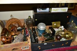 TWO BOXES AND LOOSE TREEN, COLLECTABLES, HOUSEHOLD SUNDRIES, ETC, including a late Victorian stained