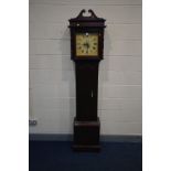 A LATE 20TH CENTURY STAINED PINE GRAND LONGCLOCK, the hood with a swan neck pediment, square