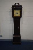 A LATE 20TH CENTURY STAINED PINE GRAND LONGCLOCK, the hood with a swan neck pediment, square