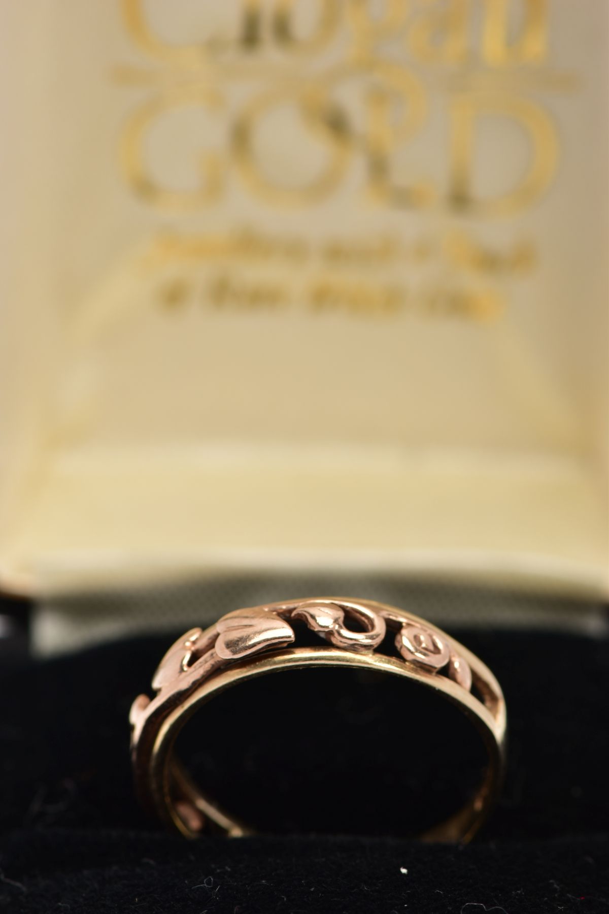 A 9CT GOLD CLOGAU RING, the tapered band with openwork 'Tree of Life,' design to the front half - Image 2 of 3