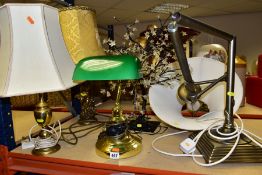 DEORATIVE LIGHTING, comprising a brass desk lamp with green glass shade - non standard plug, brass