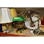 DEORATIVE LIGHTING, comprising a brass desk lamp with green glass shade - non standard plug, brass