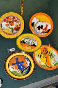 FIVE LIMITED EDITION WEDGWOOD CLARICE CLIFF DESIGN PLATES, comprising Windmill from Distinctly