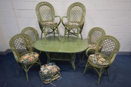 A GREEN PAINTED OVAL CONSERVATORY TABLE, width 150cm x depth 105cm x height 73cm and six matching