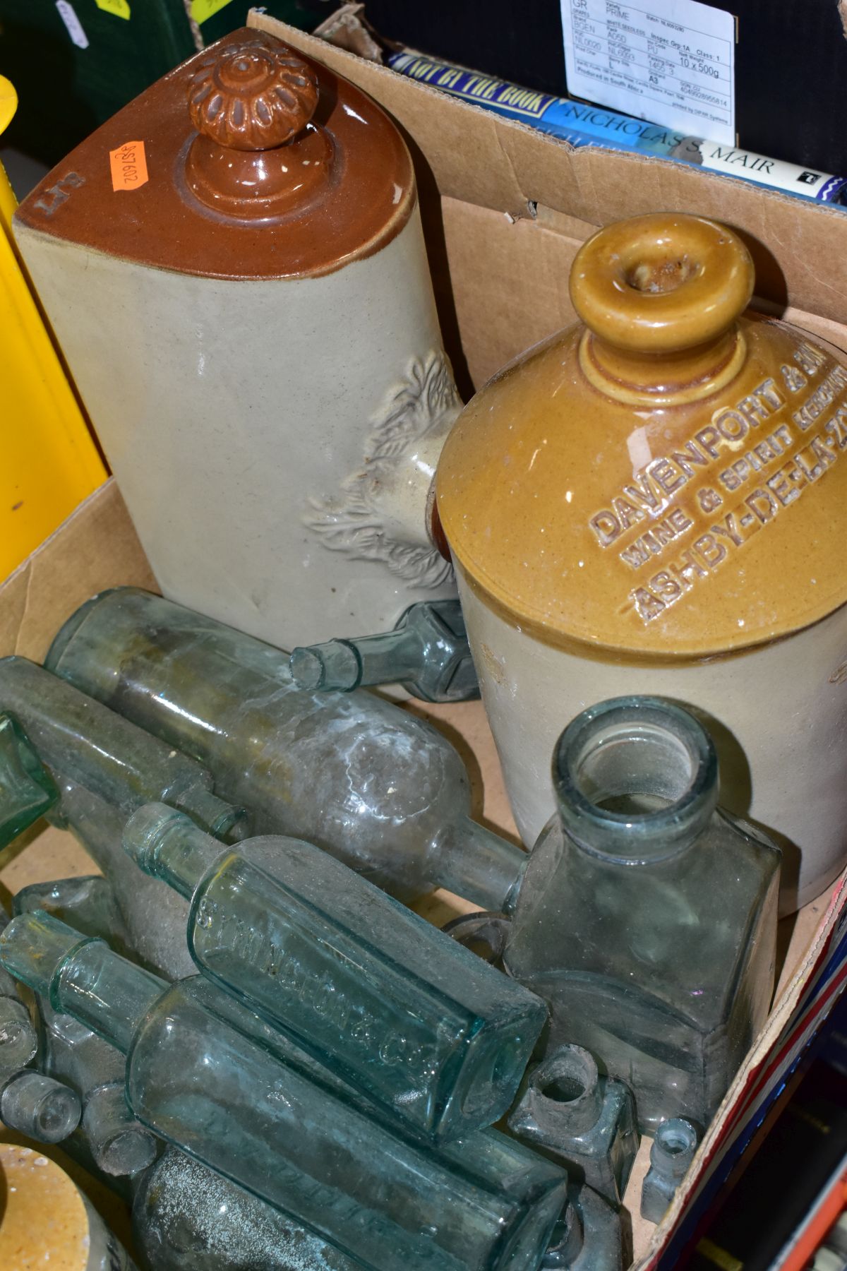 A BOX OF STONEWARE FLAGONS, VINTAGE GLASS BOTTLES, STONEWARE HOT WATER BOTTLE, ETC, the flagons - Image 3 of 4