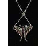 A PLIQUE-A-JOUR GEM BUTTERFLY PENDANT NECKLACE, with ruby detail to the body, red, yellow and