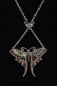 A PLIQUE-A-JOUR GEM BUTTERFLY PENDANT NECKLACE, with ruby detail to the body, red, yellow and