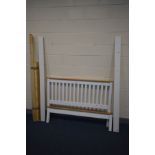 A PARTIALLY PAINTED AND PINE 4FT6 BED FRAME (with bolts and screws)