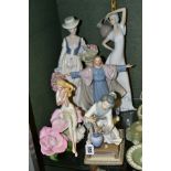 FIVE VARIOUS FIGURES, comprising a Lladro Japanese Geisha tending to plant, No.4840, designed