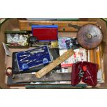 A QUANTITY OF ASSORTED DRAWING INSTRUMENTS AND RULERS, to include Rabone folding wooden rulers,