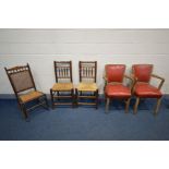 FIVE VARIOUS CHAIRS, to include a pair of mid 20th century beech red leatherette open armchairs, a