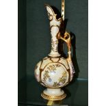 A ROYAL WORCESTER PEDESTAL EWER, with bulbous body and slender neck, floral and foliage decoration